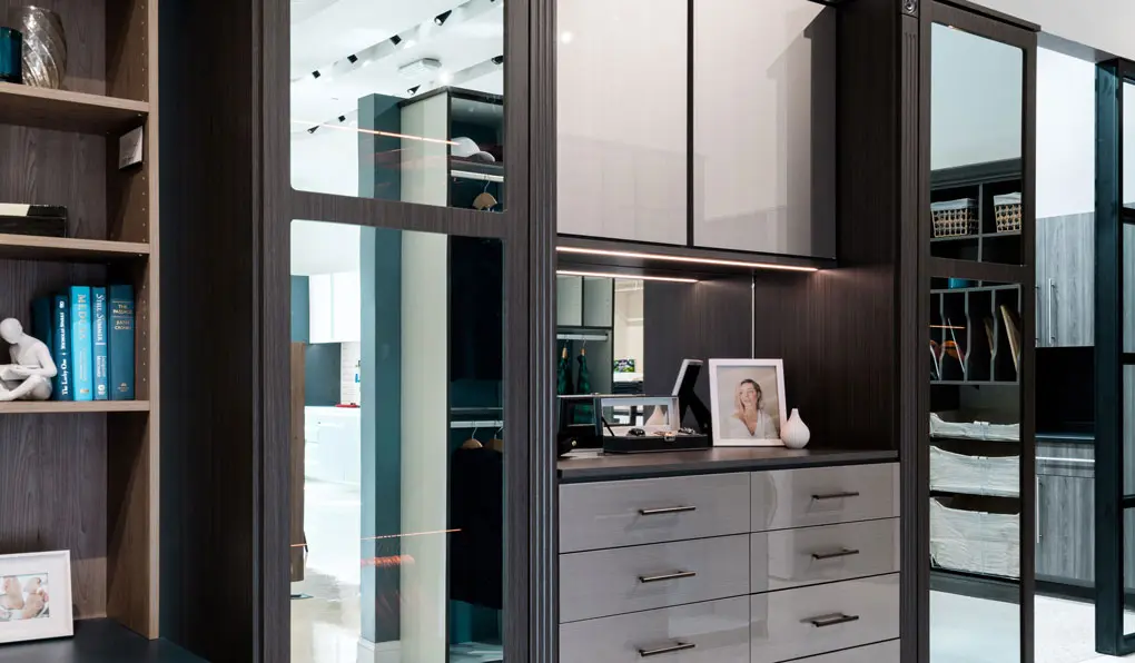 dark brown closet system with mirrored door