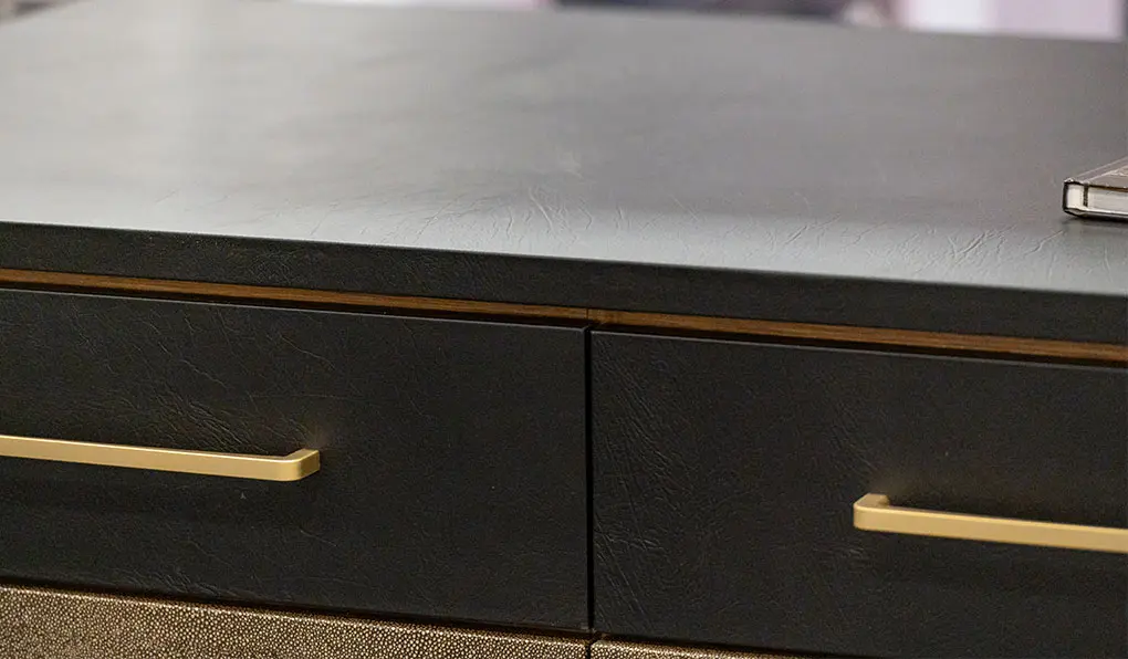 Drawer with leather front and gold hardware