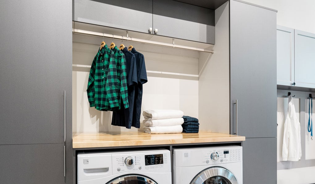 gray white wood countertop laundry room